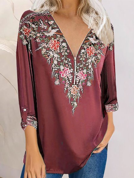 

Vintage Floral Floral-Print V-Neck Long Sleeves Shirts & Tops, Wine red, Tops