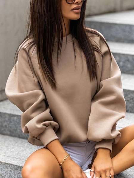 

Round Neck Long Sleeve Plain Cotton Shirts & Tops, Khaki, Hoodies & Sweatshirts