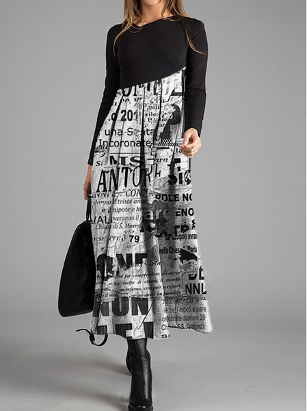

taglia grande Maniche Lunghe Astratto Stampato Abito, Nero, Maxi Dresses