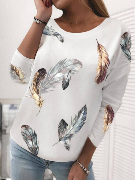 

Printed Long Sleeve Round Neck Tops, White, Blouses & Shirts