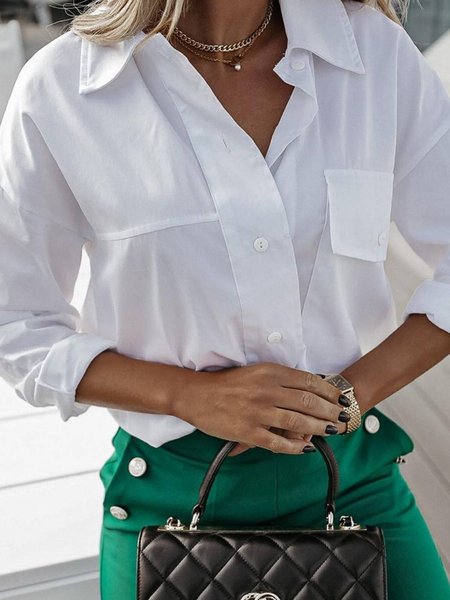 

Plain Simple Shirt Collar Long Sleeve Shirts & Tops, White, Blouses & Shirts