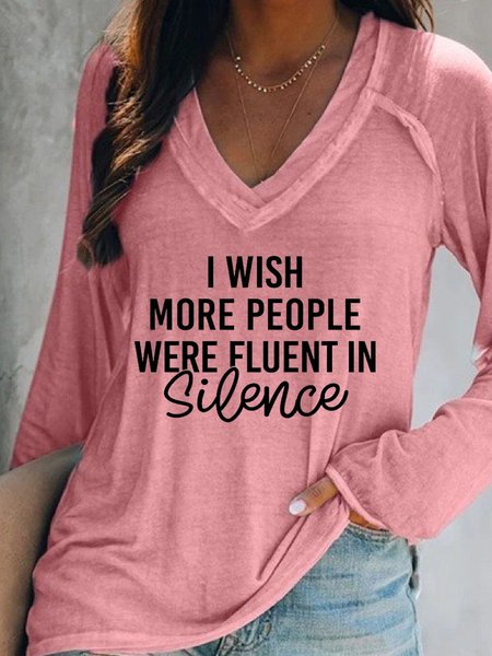 

I Wish More People Were Fluent In Silence Women‘s V Neck Cotton-Blend Long Sleeve Sweatshirt, Pink, Hoodies&Sweatshirts