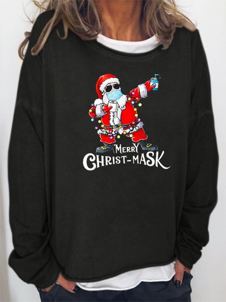 

Casual personality Santa print round neck long-sleeved polyester cotton sweatshirt, Black, Hoodies&Sweatshirts