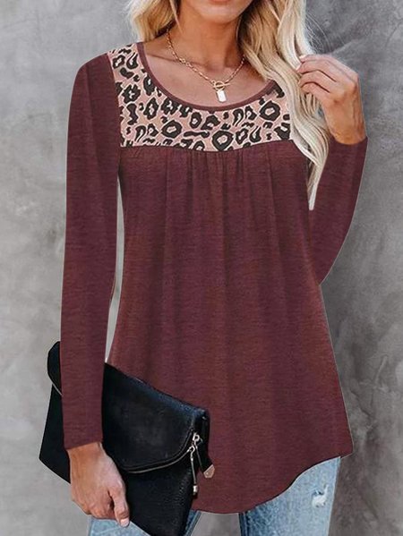 

Paneled Leopard Vintage Long Sleeve Shirts & Tops, Wine red, Long sleeve tops