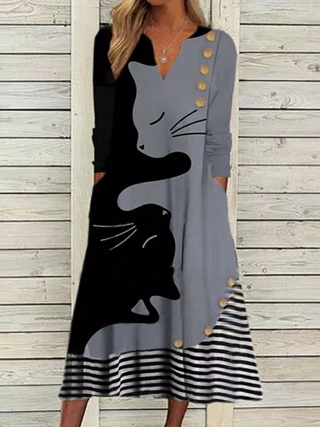 

V Neck Long Sleeve Printed Holiday Dresses, As picture, Midi Dresses