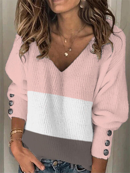 

Scollo a V Maniche Lunghe Colore-block Casuale Maglione, Come immagine, Sweater
