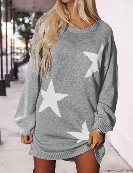 

Star Printed Casual Long Sleeve Round Neck Dresses, Gray, Casual Dresses