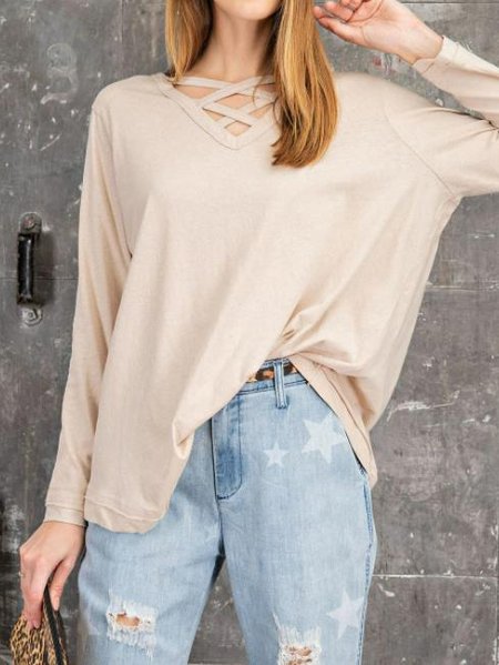 

V Neck Vintage Shirts & Tops, Apricot, T-Shirts