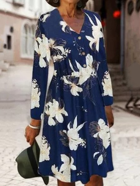 

Blu intenso Stampata Floreale Scollo a V Maniche Lunghe Gonna Casuale, Midi Dresses