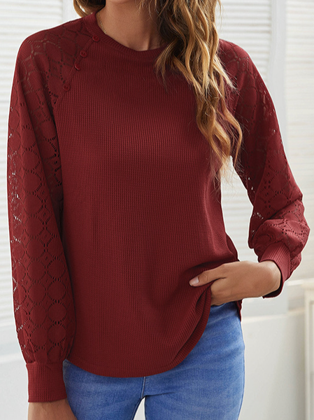 

Crew Neck Plain Long Sleeve Knitted Shirts & Tops, Wine red, Tees & T-shirts