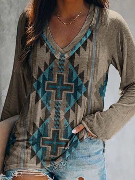 

Animal Cotton Long Sleeve V Neck Shirts & Tops, Gray, T-Shirts