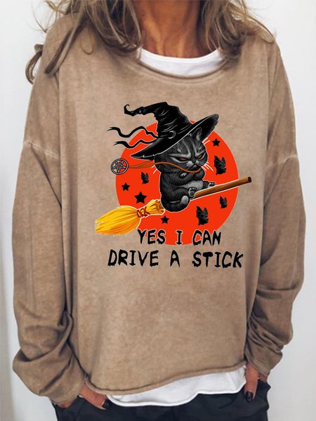 

Yes I Can Drive A Stick Witch Cat Women's Long Sleeve Shift Sweatshirts, Light brown, Hoodies&Sweatshirts