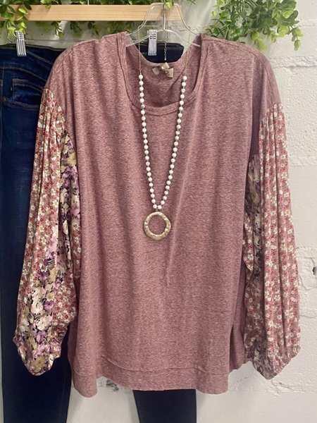 

Round Neck Printed Long Sleeve Tops, As picture, Blouses & Shirts