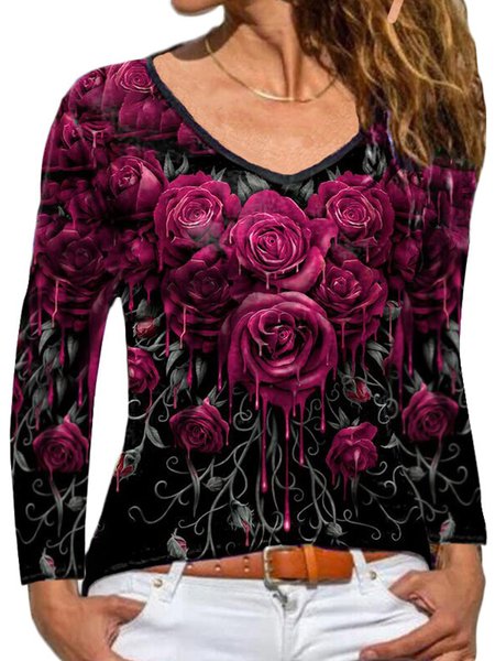 

Misto Cotone Maniche Lunghe Aderente Sexy Top, Rosa scuro, T-Shirts
