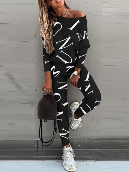 

Causal Letter Shift Suits Top WIth Pant, Black, Pants Set