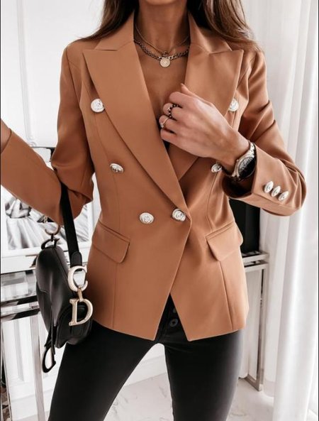 

Plain Long Sleeve Pockets Lapel Outerwear, Khaki, Blazers