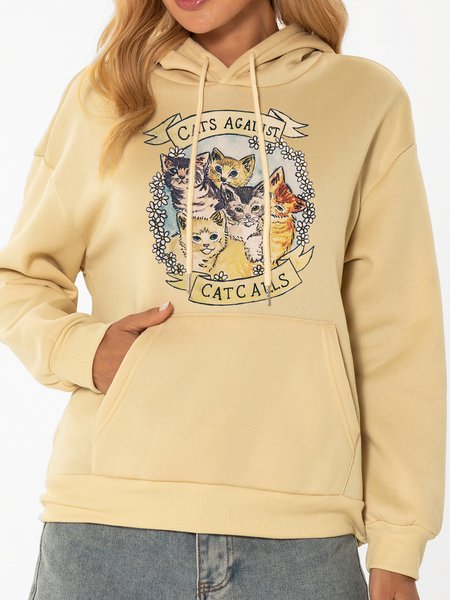 

Casual and simple cat print hooded long-sleeved polyester sweatshirt, Apricot, Hoodies