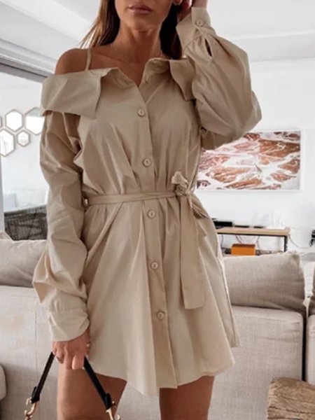 

Long Sleeve Holiday Off Shoulder Plain Dress, Light khaki, Mini Dresses