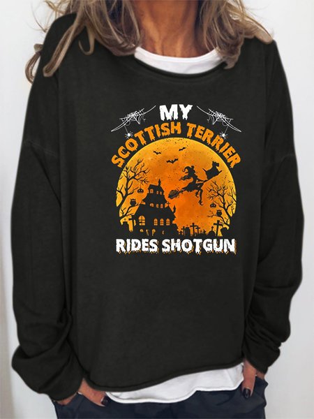 

Halloween print crew neck long sleeve Polyester cotton sweatshirt, Black, Hoodies&Sweatshirts