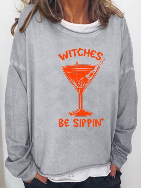 

Witches Be Sippin Crew Neck Long Sleeve Sweatshirt, Light gray, Hoodies&Sweatshirts