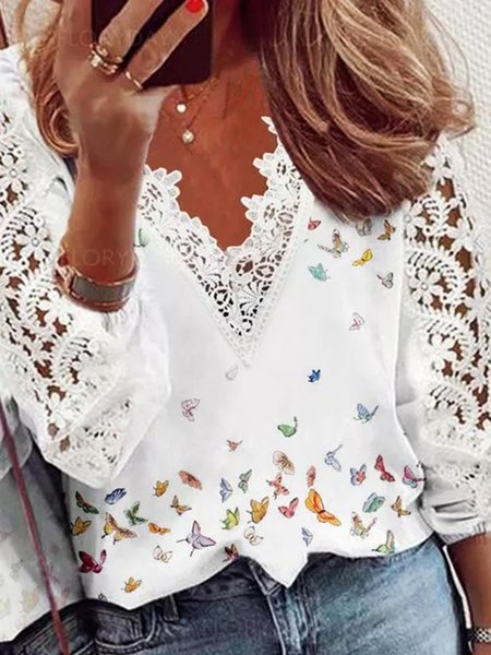 

White Butterfly Printed V Neck Casual Long Sleeve Shift Shirts & Tops, Blouses & Shirts