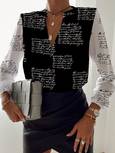 

Long Sleeve Stand Collar Lady Shift Shirt, Black-white, Blouses and Shirts