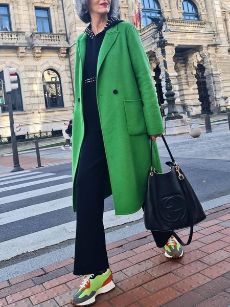 

Casuale Risvolto Tinta Unita Giubbotto, Verde, overcoat