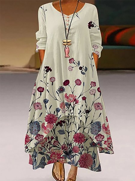 

Vintage Maniche Lunghe Floreale Abito, Bianco, Maxi Dresses