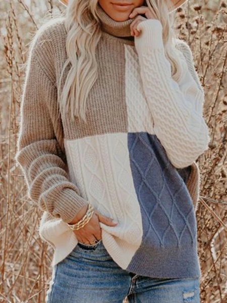 

Women Geometric Casual Autumn Acrylic Daily Long sleeve Loose Turtleneck Regular Sweater, As picture, Cardigans & Sweaters