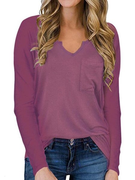 

V Neck Long Sleeve Cotton Plain Shirts & Tops, Pink, Tees & T-shirts