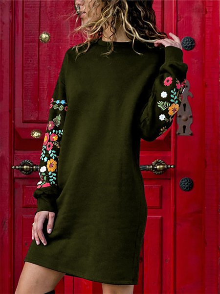 

Maniche Lunghe Floreale Abito, Verde militare, Midi Dresses