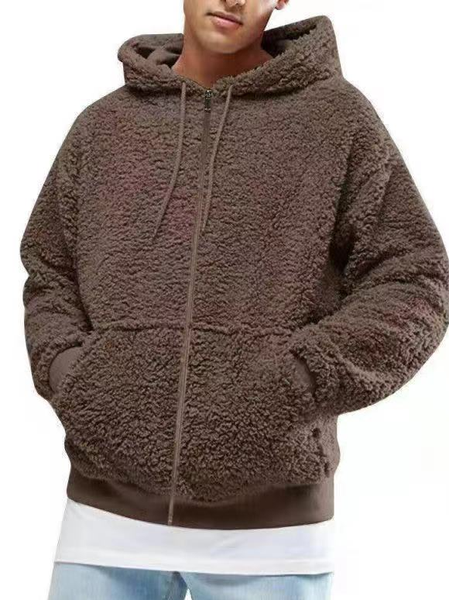 

Fleece Hoodie Solid Teddy Outerwear, Brown, Jackets & Coats