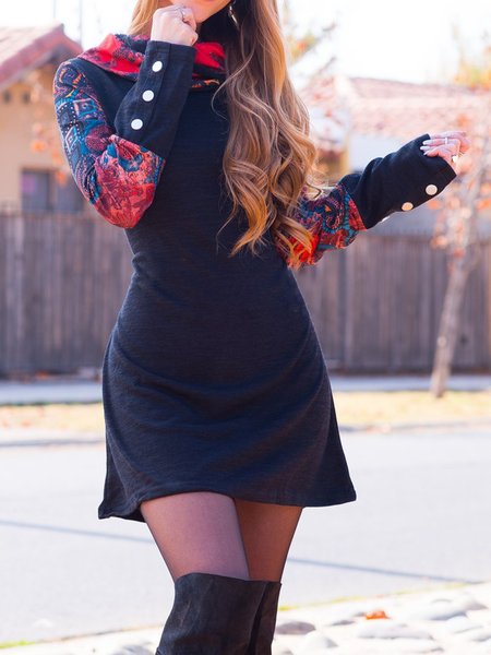 

Shift Long Sleeve Abstract Cowl Neck Dresses, Dark blue, Mini Dresses