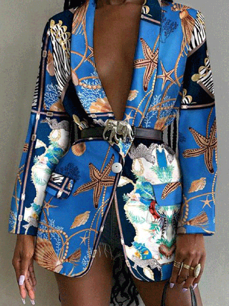 

Shawl Collar Printed Long Sleeve Blazer, Blue, Coats & Jackets