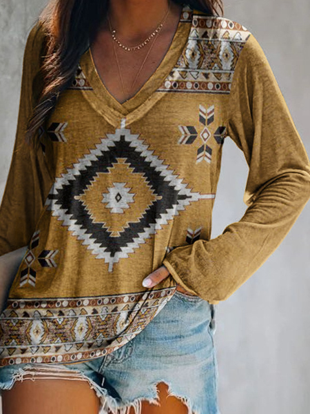 

V Neck Floral Long Sleeve Casual Tops, Yellow, T-Shirts