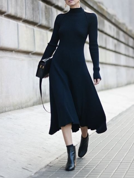 

Fall Crew Neck 3/4 Sleeve A-Line Lady Elegant Daily Sweater, Black, Midi Dresses