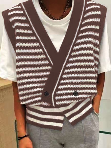 

Sleeveless Casual V Neck Solid Sweater, Coffee, Pullovers