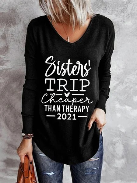 

Casual Long Sleeve V Neck Plus Size Printed Tops T-shirts, Black, T-Shirts
