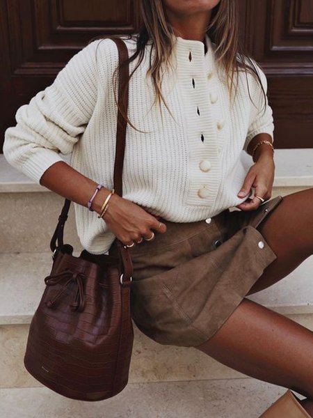 

Long Sleeve Solid Buttoned Sweater, Beige, Blouses and Shirts