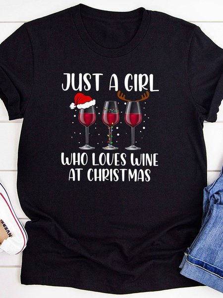 

Just A Girl Who Loves Wine At Christmas Short Sleeve Casual Cotton-Blend Shirts & Tops, Black, T-shirts