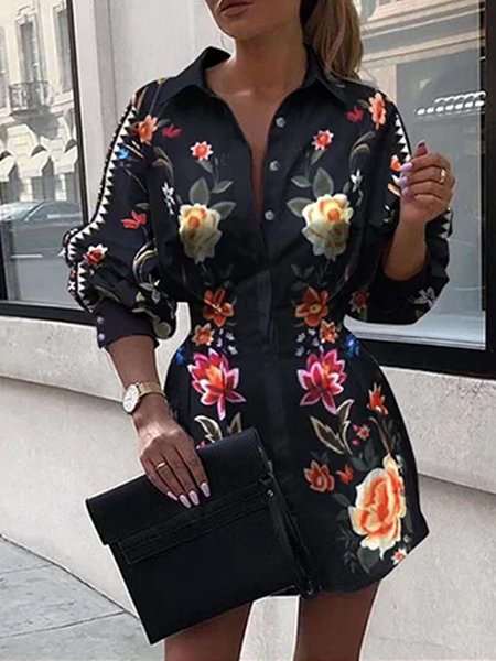 

Floral Shift Long Sleeve Shirt Collar Dress, As picture, Mini Dresses