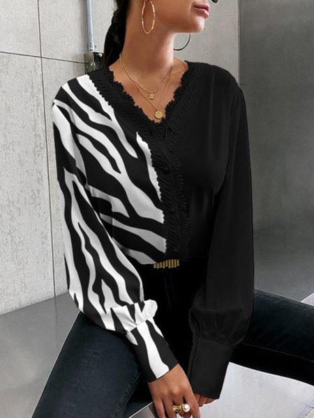 

Nero Zebra Stampato Casuale Dritto Scollo a V Camicie & Top, Blouses & Shirts