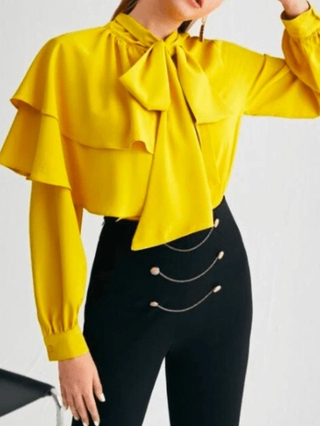 

Fall Work Crew Neck Long Sleeve Shift Asymmetric Lady Tops, Yellow, Blouses and Shirts