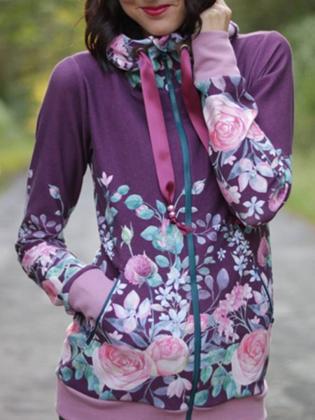 

Casual Long Sleeve Hoodie Outerwear, Purple, Coats & Jackets