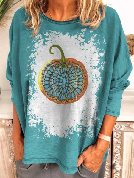

Simple Round Neck Printed Long Sleeve Tops, Green, Blouses & Shirts