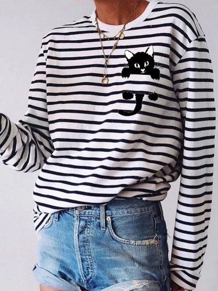 

Casual Stripes Crew Neck Long Sleeve Shirts & Tops, White, Blouses & Shirts