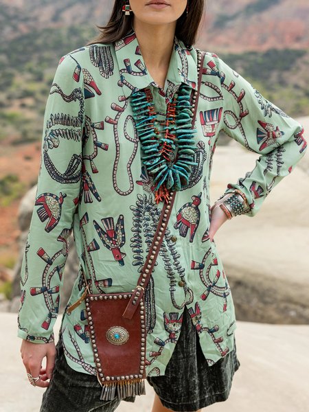 

Long Sleeve Vintage Printed Shirt Collar Shirts & Tops, Green, Blouses & Shirts