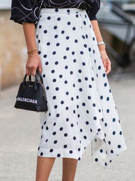 

Elegant Polka Dots Skirt, White, Midi Skirts