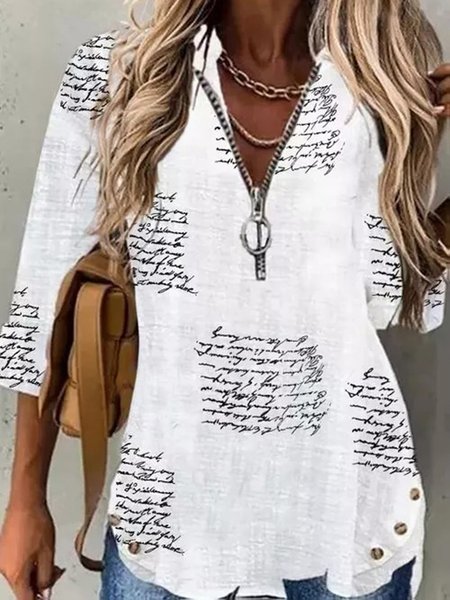 

White Letters Printed V Neck Zipper 3/4 Sleeve Casual Shift Shirts & Tops, Blouses & Shirts