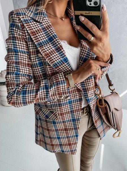 

Casuale a Scacchi Maniche Lunghe Giubbotto, Blu, Coats & Jackets